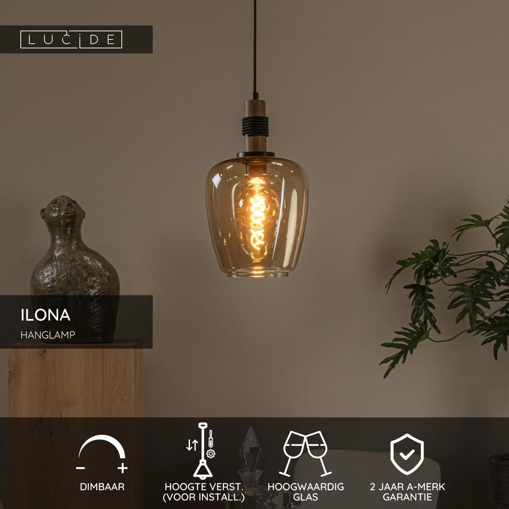 Hanglamp Ilona Ø 22cm zwart met amber glas Lucide 5411212452665