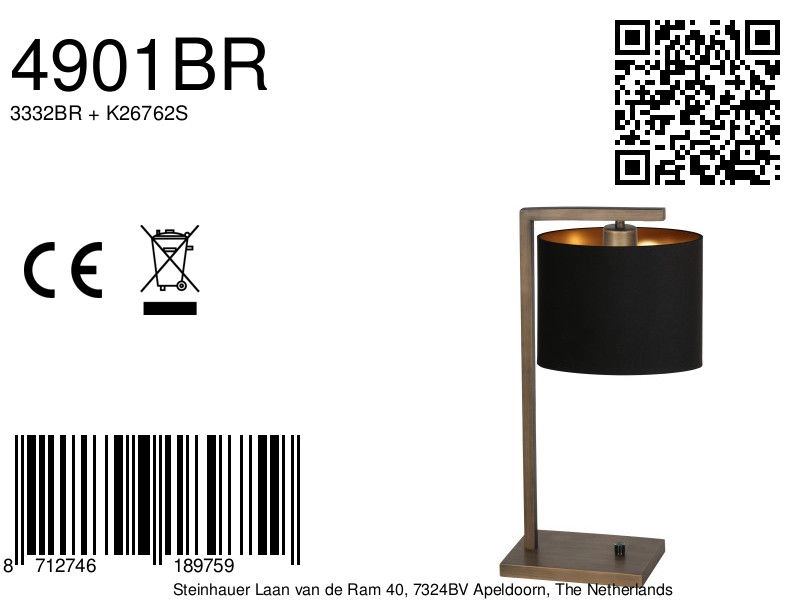 Tafellamp Stang met zwarte kap Steinhauer 8712746189759