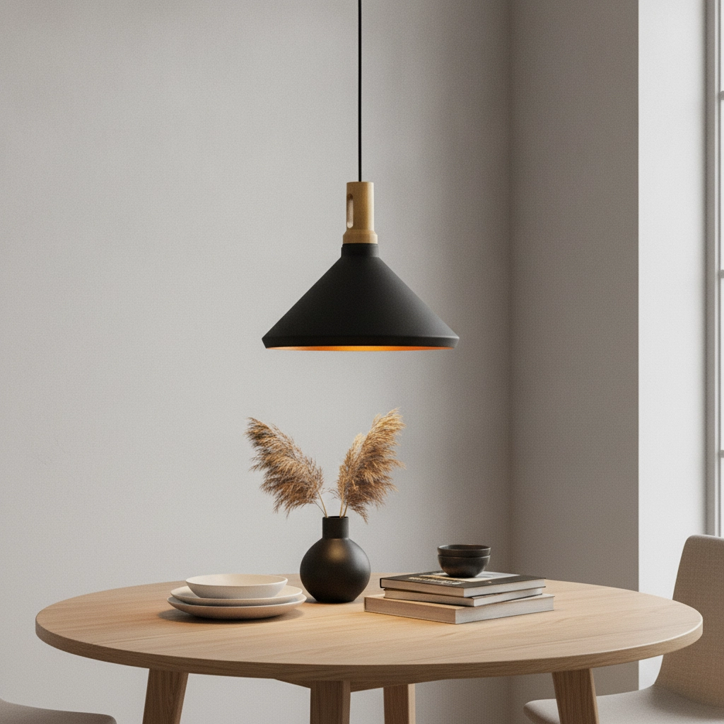Strakke hanglamp Cornet Ø 41cm zwart met hout