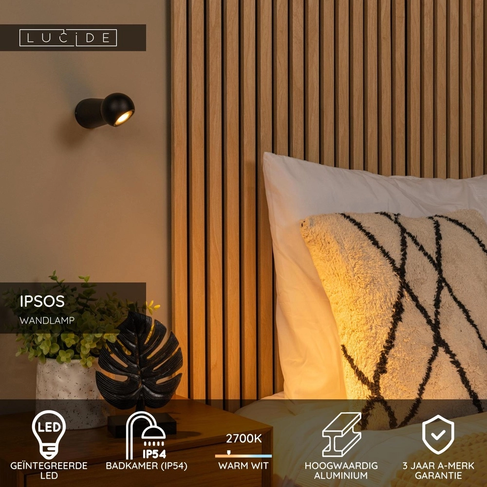 Badkamer wandlamp Ipsos zwart IP54 Lucide 5411212334008