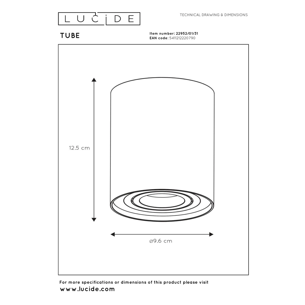 Opbouw plafondspot Tube wit Ø 9,6cm Lucide 5411212220790