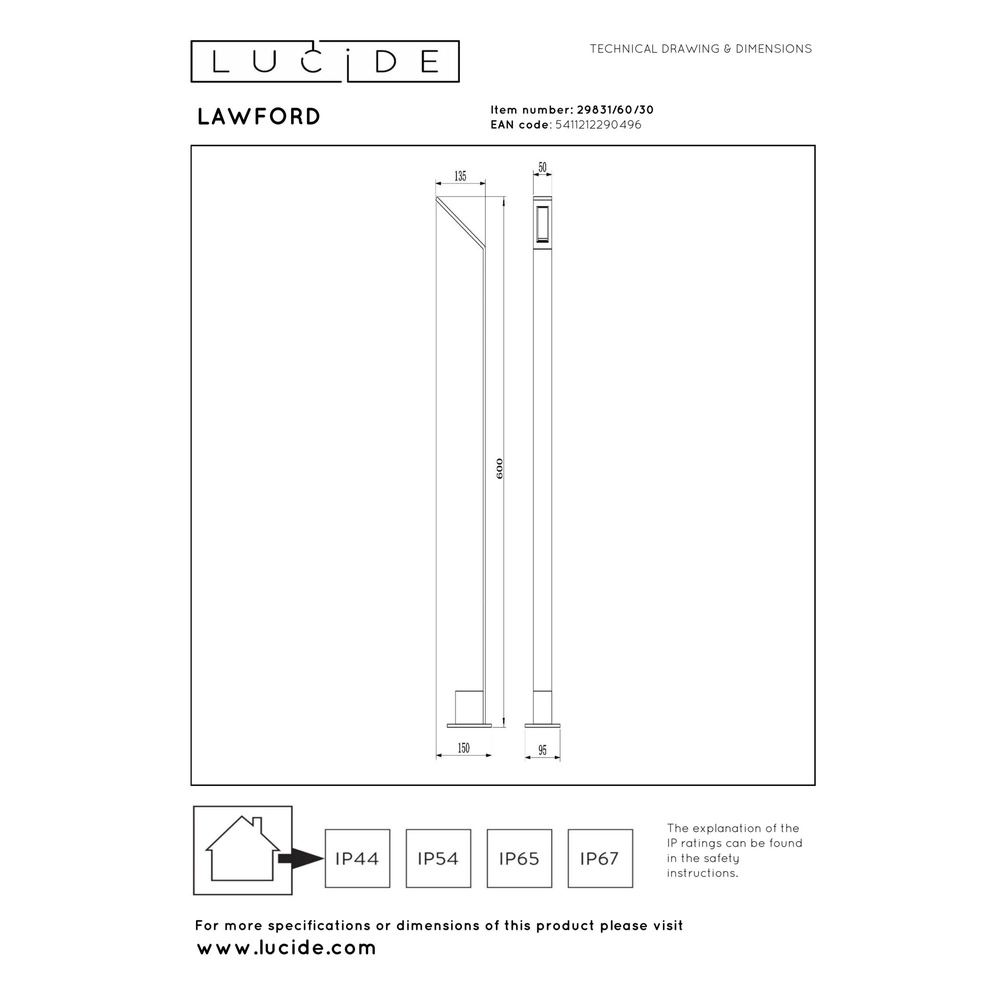Design tuinlamp Lawford 60cm zwart Lucide 5411212290496