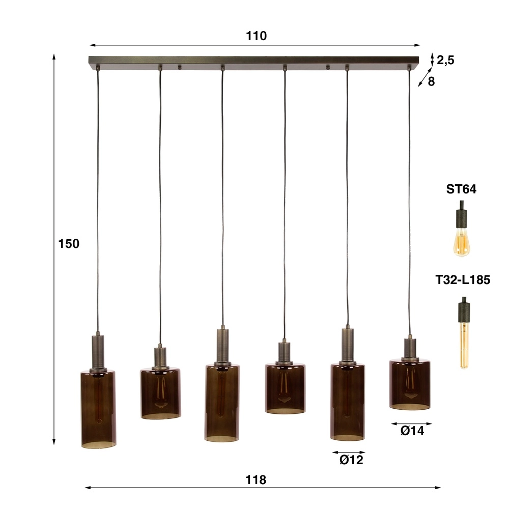 Eettafel hanglamp Sepiora Sienna bruin - donker glas Lyora 8716803513457