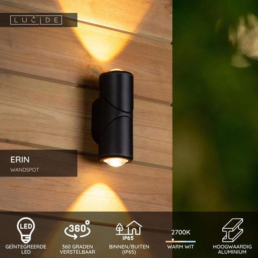 Design opbouwspot Erin IP65 zwart dubbel Lucide 5411212152053