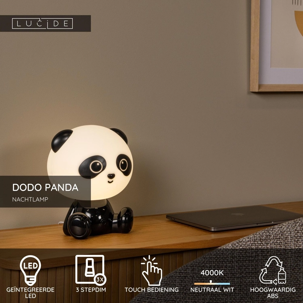 Nachtlampje Dodo Panda kinderkamer zwart Lucide 5411212712776