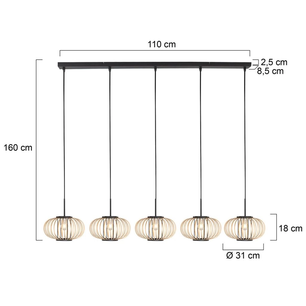 Hanglamp 5-lichts recht Silva met bamboe kappen Steinhauer 8712746183238