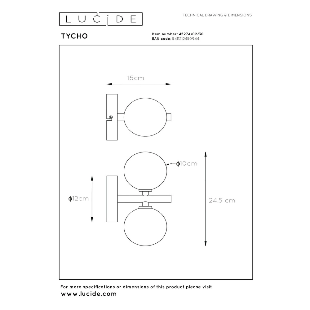 Wandlamp Tycho zwart Lucide 5411212450944