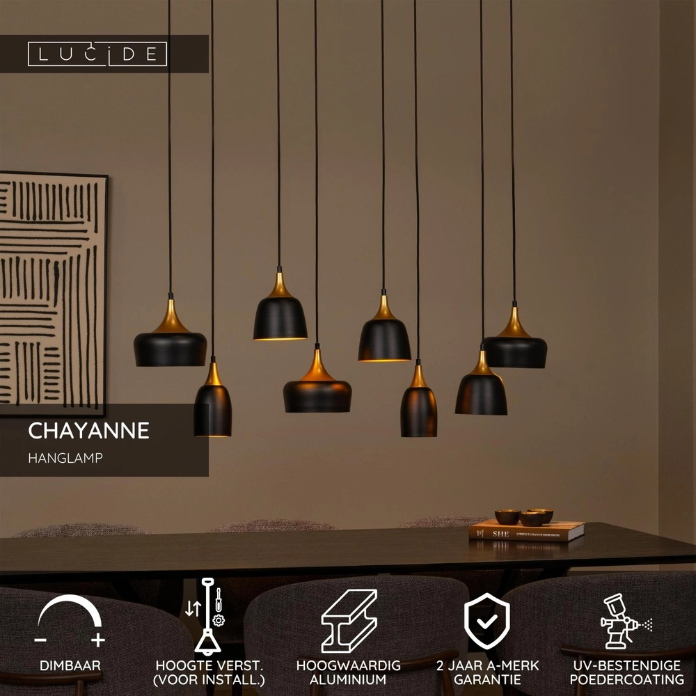 8-lichts hanglamp Chayanne design zwart met goud Lucide 5411212051554