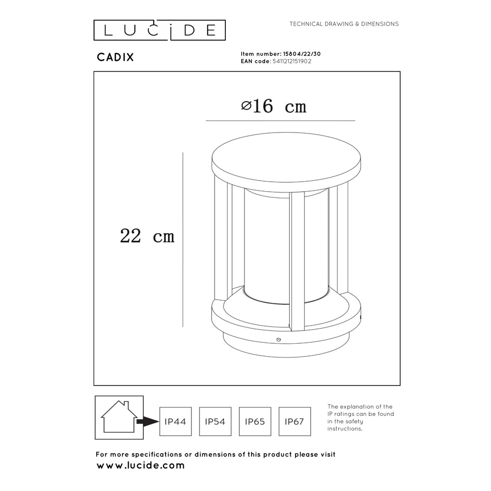 Sokkellamp 22cm Cadix zwart IP65 Lucide 5411212151902