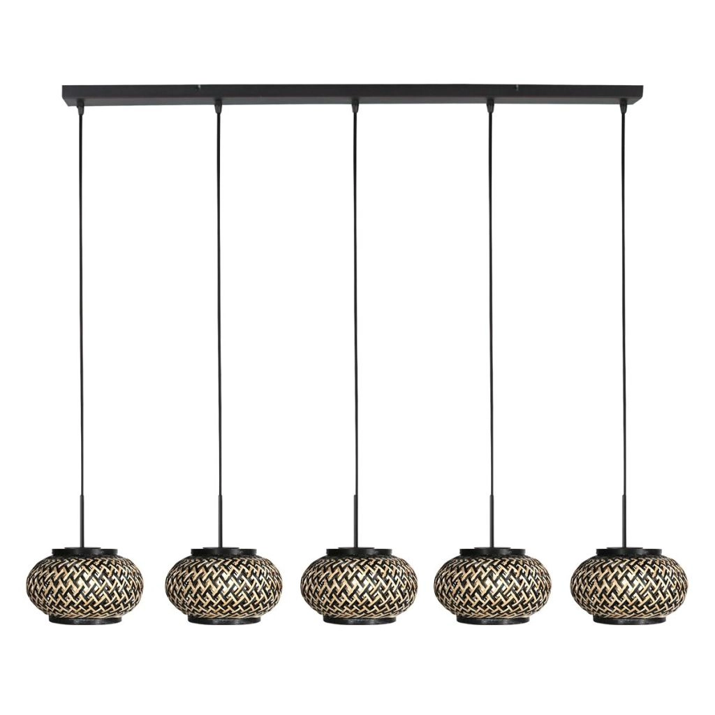 5-lichts hanglamp recht Nox Light met bamboe kappen