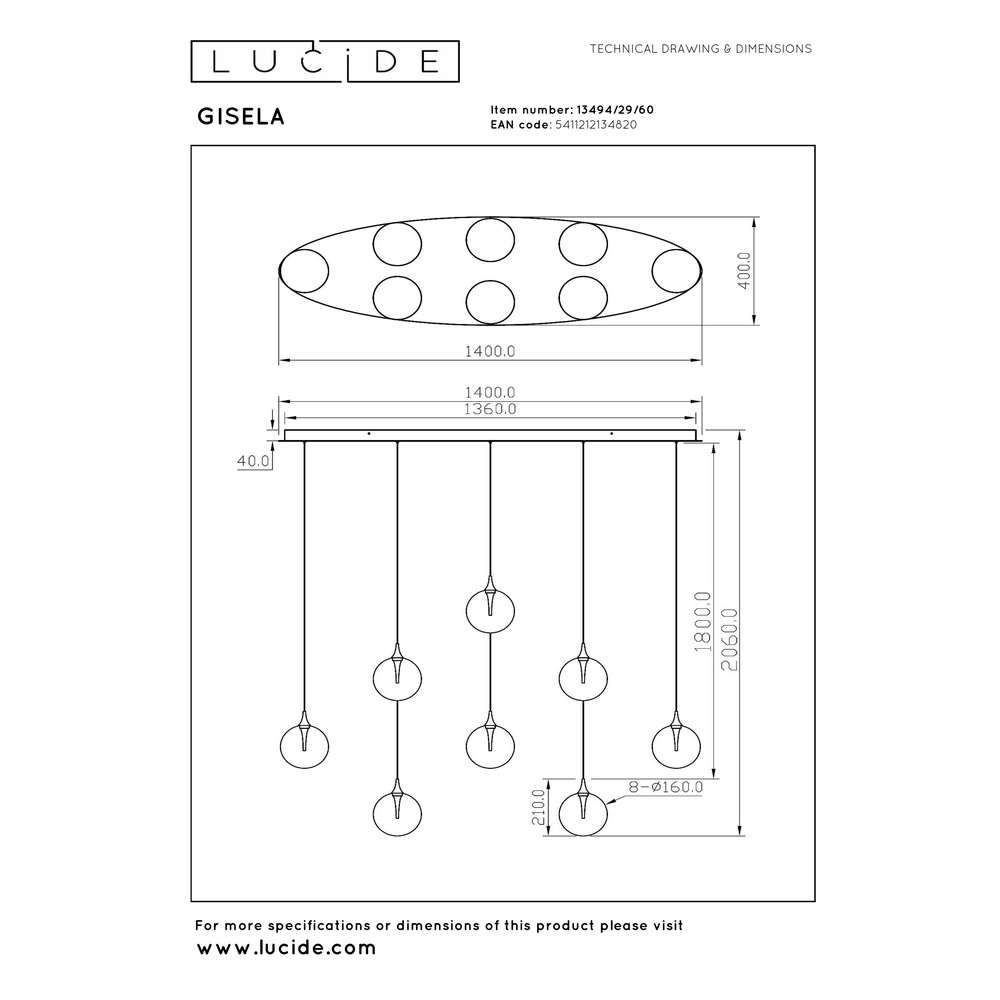 Design led hanglamp Gisela helder - 8x Ø 16cm Premium by Lucide 5411212134820