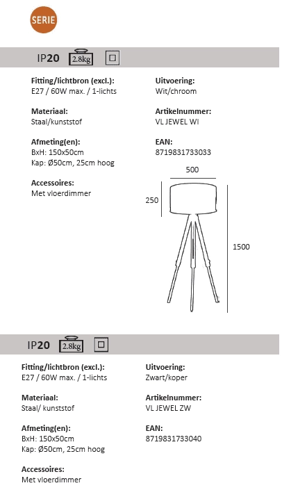 Tripod vloerlamp Jewel 150cm wit met grijs Artdelight 8719831733033