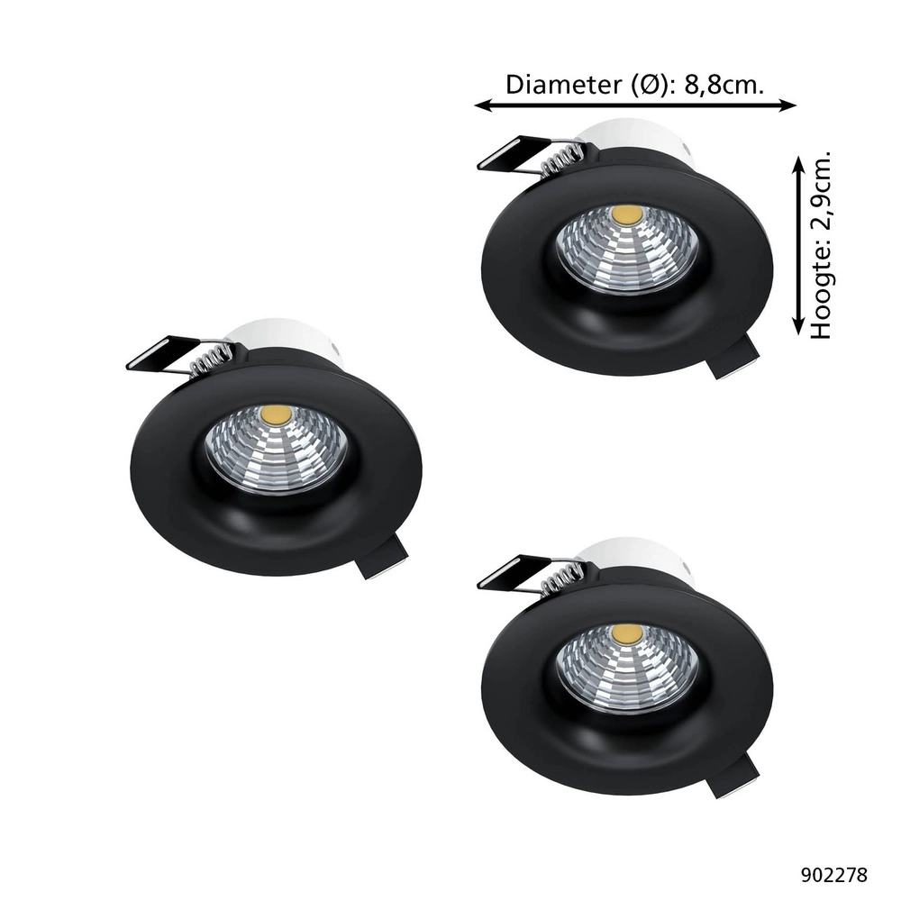 Set van 3 inbouwspots Saliceto zwart Ø 8,8cm - 4,8W Eglo 9008606358793