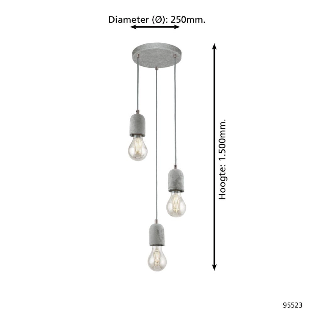 Vide pendel hanglamp Silvares 3-lichts betongrijs Eglo 9002759955236