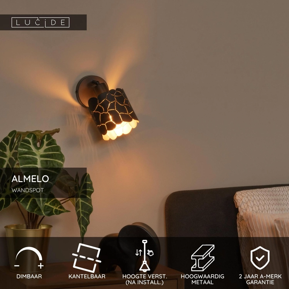 Wandlamp Almelo zwart met gouden binnenkant Lucide 5411212211866