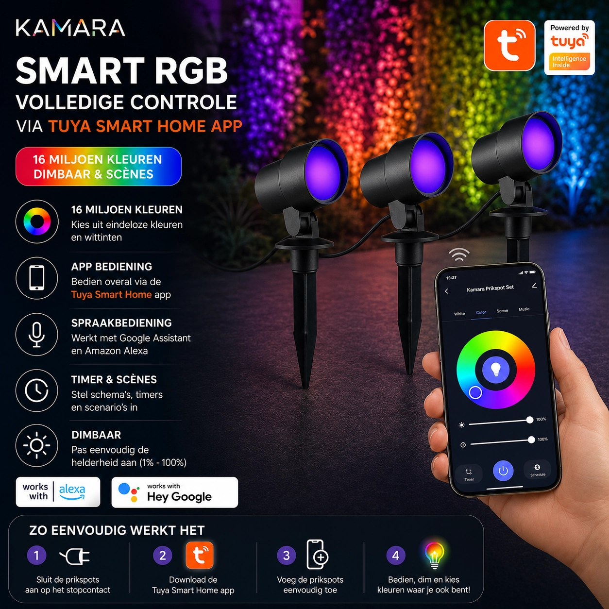 Smart Led prikspot set Kamara RGB - 3 stuks - met 3 meter snoer en stekker Brilliant 4004353453717