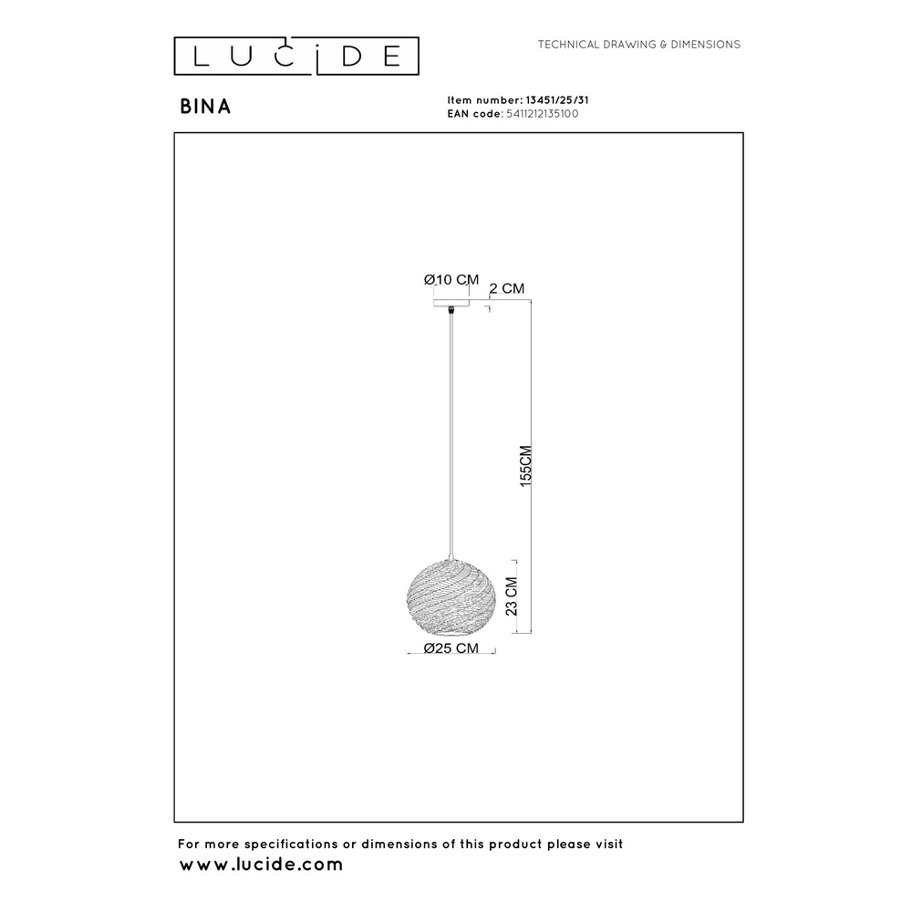 Design hanglamp Bina enkel Ø 25cm wit Lucide 5411212135100