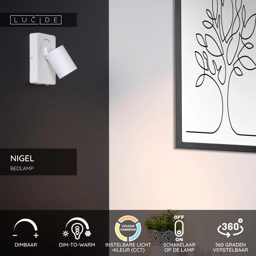 Bedlampje Nigel met USB oplaadpunt wit Lucide 5411212092748