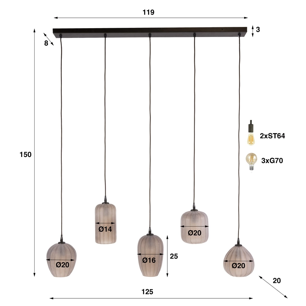 5-lichts hanglamp Altura sienna bruin met frosted glas Lyora 8716803514867