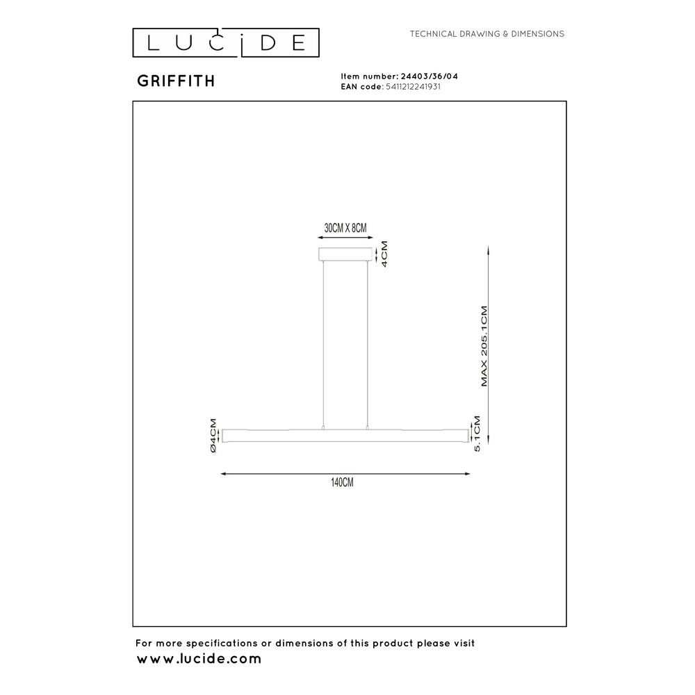 Strakke hanglamp Griffith brons 140cm Premium by Lucide 5411212241931