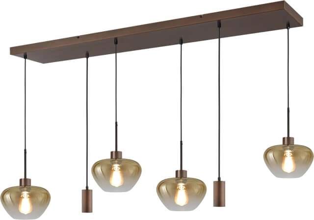 6-lichts hanglamp Genua bruin met 4x goud glas en 2x pendel
