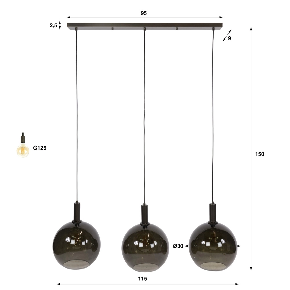 Glazen hanglamp Sfera 3x Ø 30cm - smoke glas Lyora 8716803512368