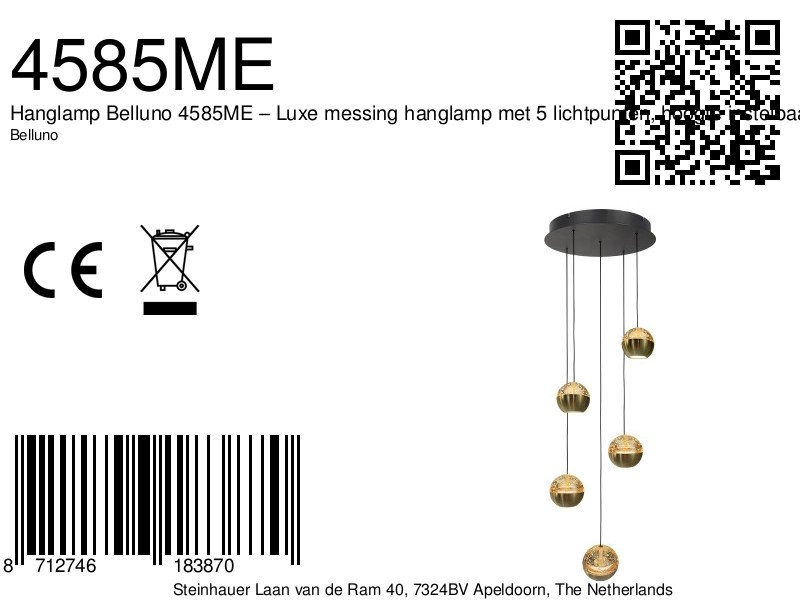 5-licht vide hanglamp Belluno led - messing goud met glas Steinhauer 8712746183870