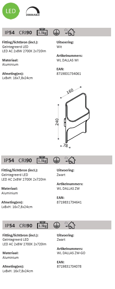 Led buitenlamp Dallas Up - Down wit Artdelight 8719831734061