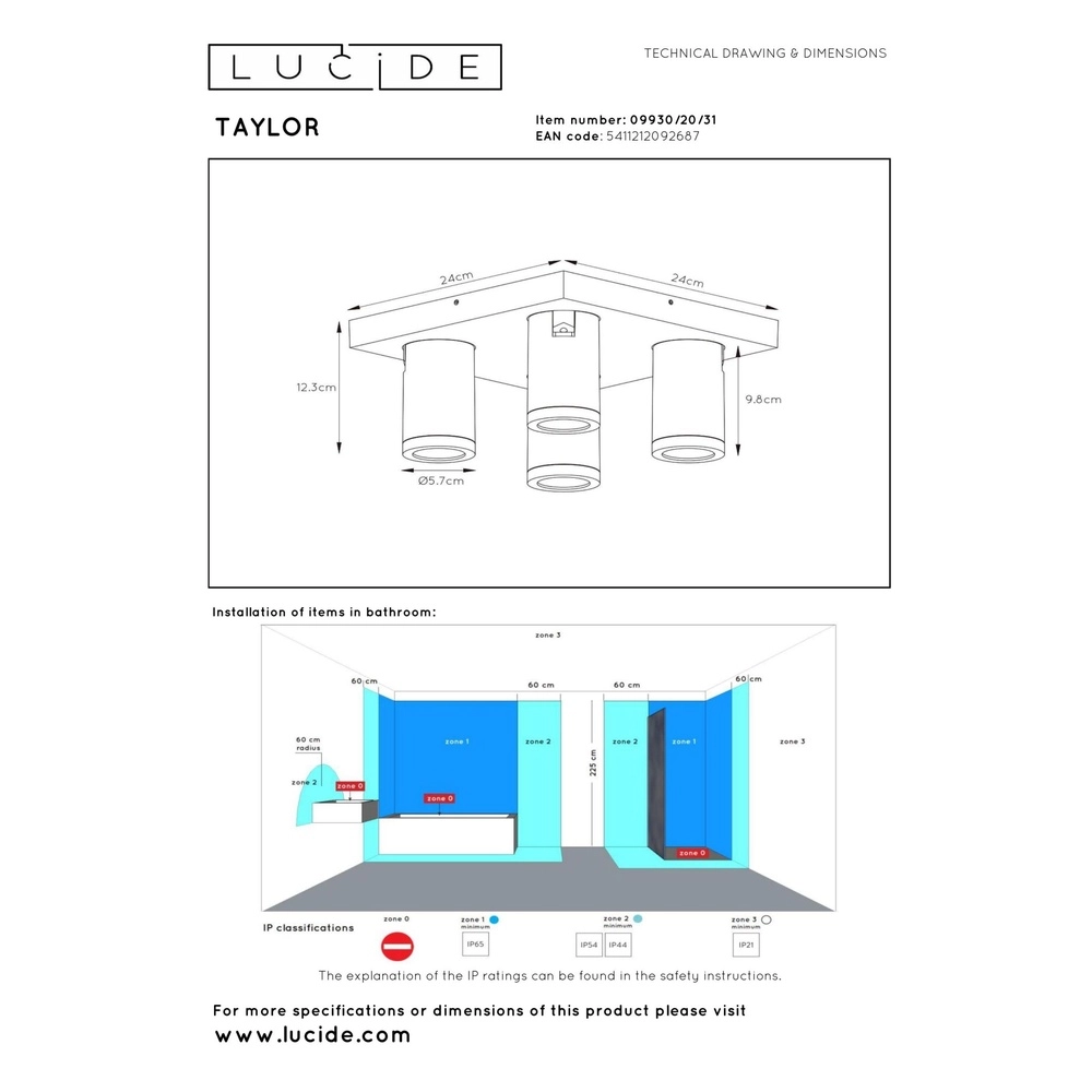Plafondspot Taylor IP44 4-lichts wit Lucide 5411212092687