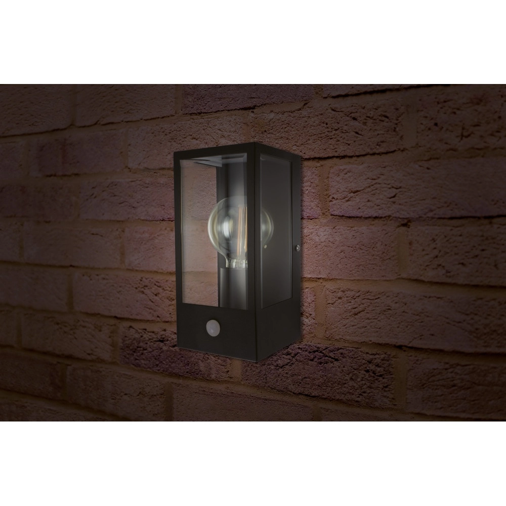 Zwarte buitenlamp Prato E27 - glas - met bewegingssensor