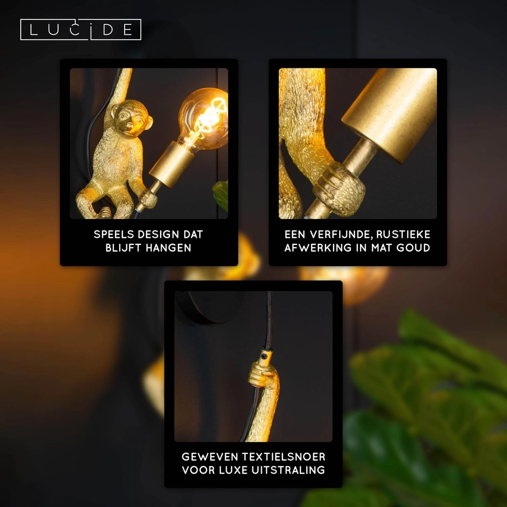 Wandlamp Extravaganza Chimp aapje zwart met goud Lucide 5411212105608