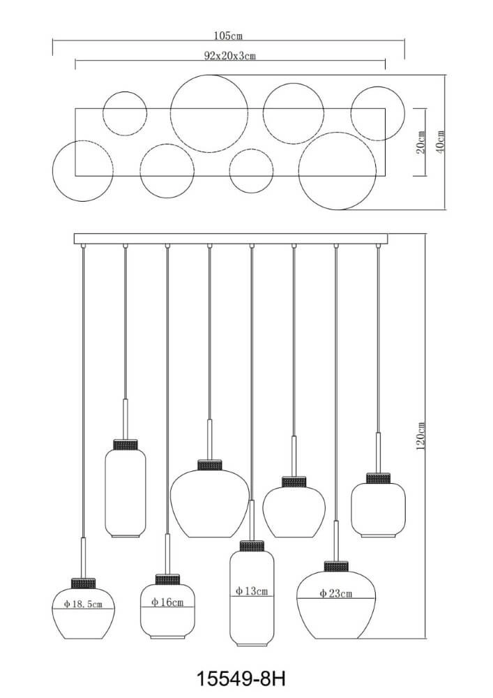8-lichts hanglamp Matt zwart met hout Globo 9007371444519