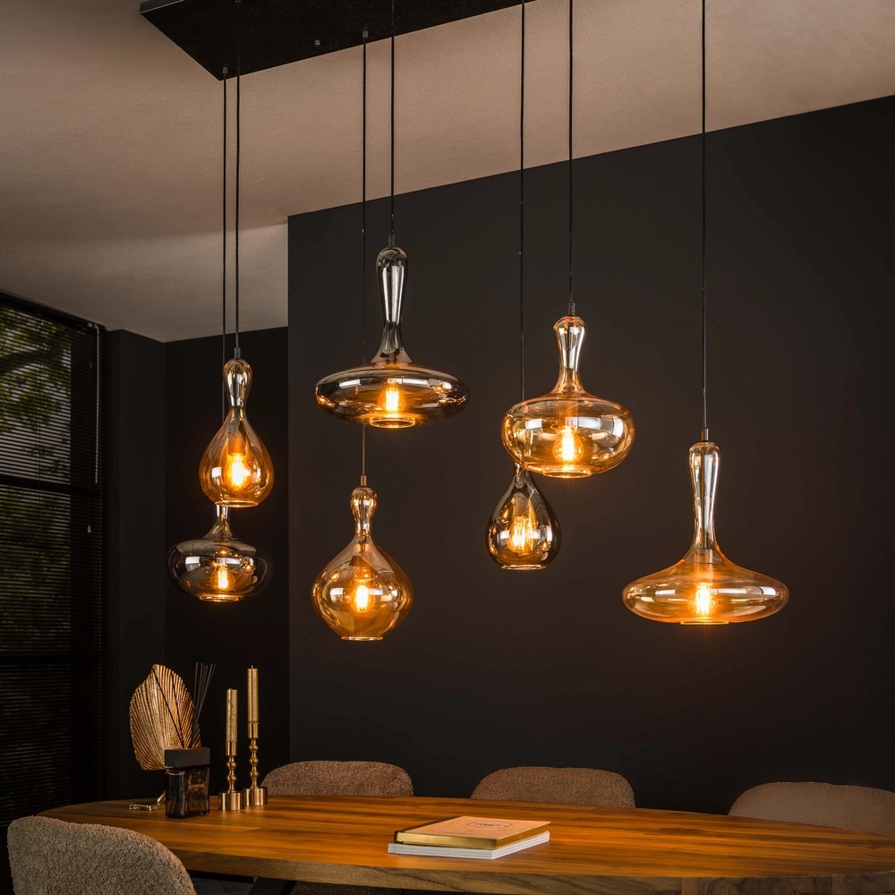 Design hanglamp Karaf 7 glazen - amber en smoke
