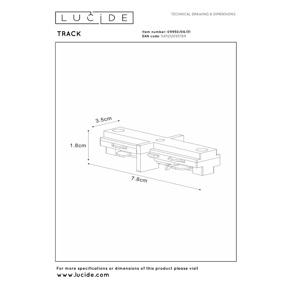 Rail connector recht Track 1-fase wit Lucide 5411212093769