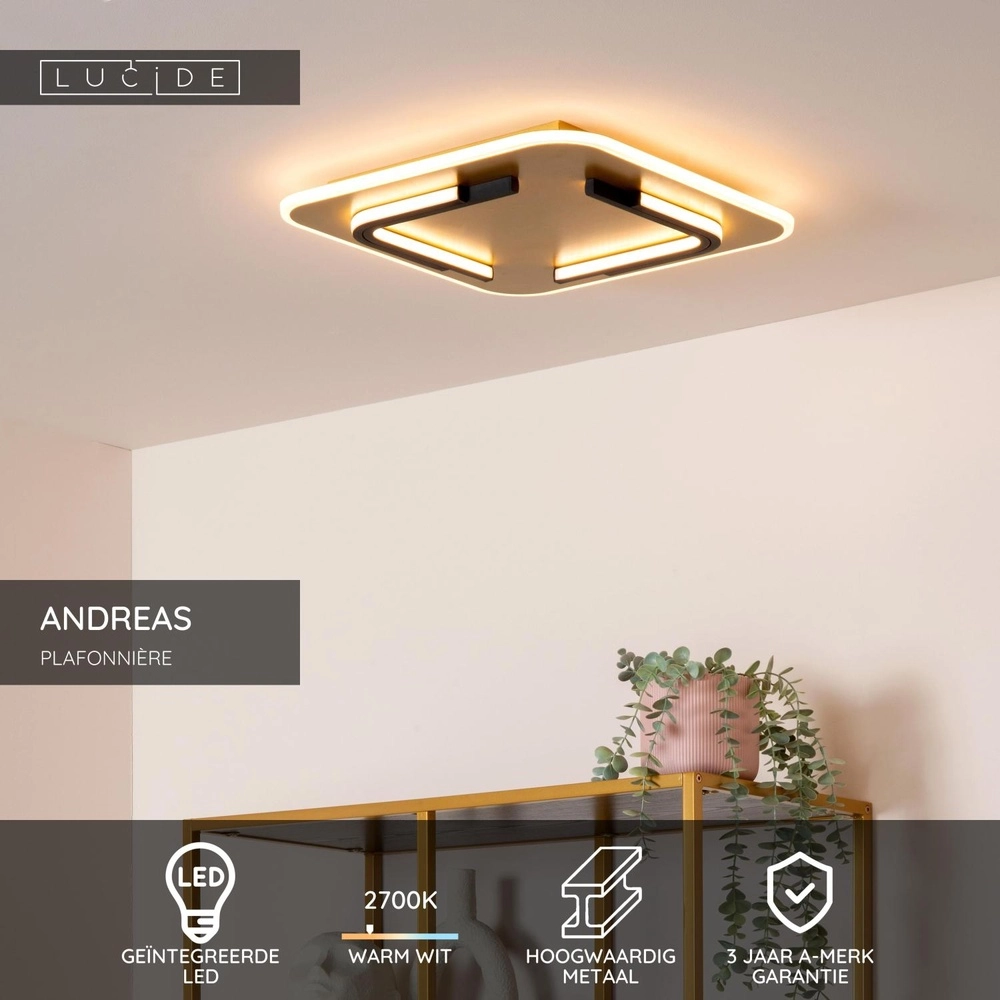 Design plafonniere Andreas 40 x 40cm - 30W zwart met goud Lucide 5411212441751