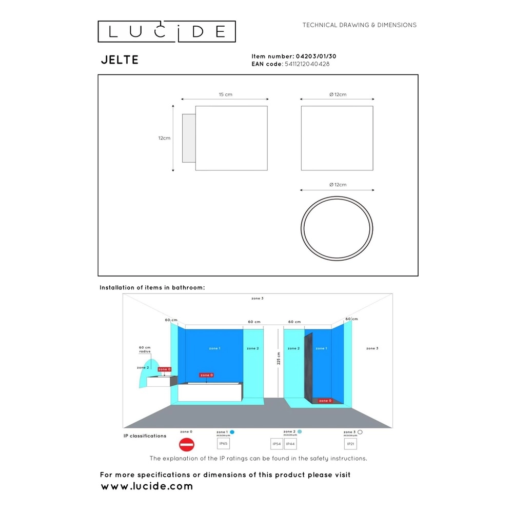 Design wandlamp Jelte IP44 geschikt voor badkamer Lucide 5411212040428
