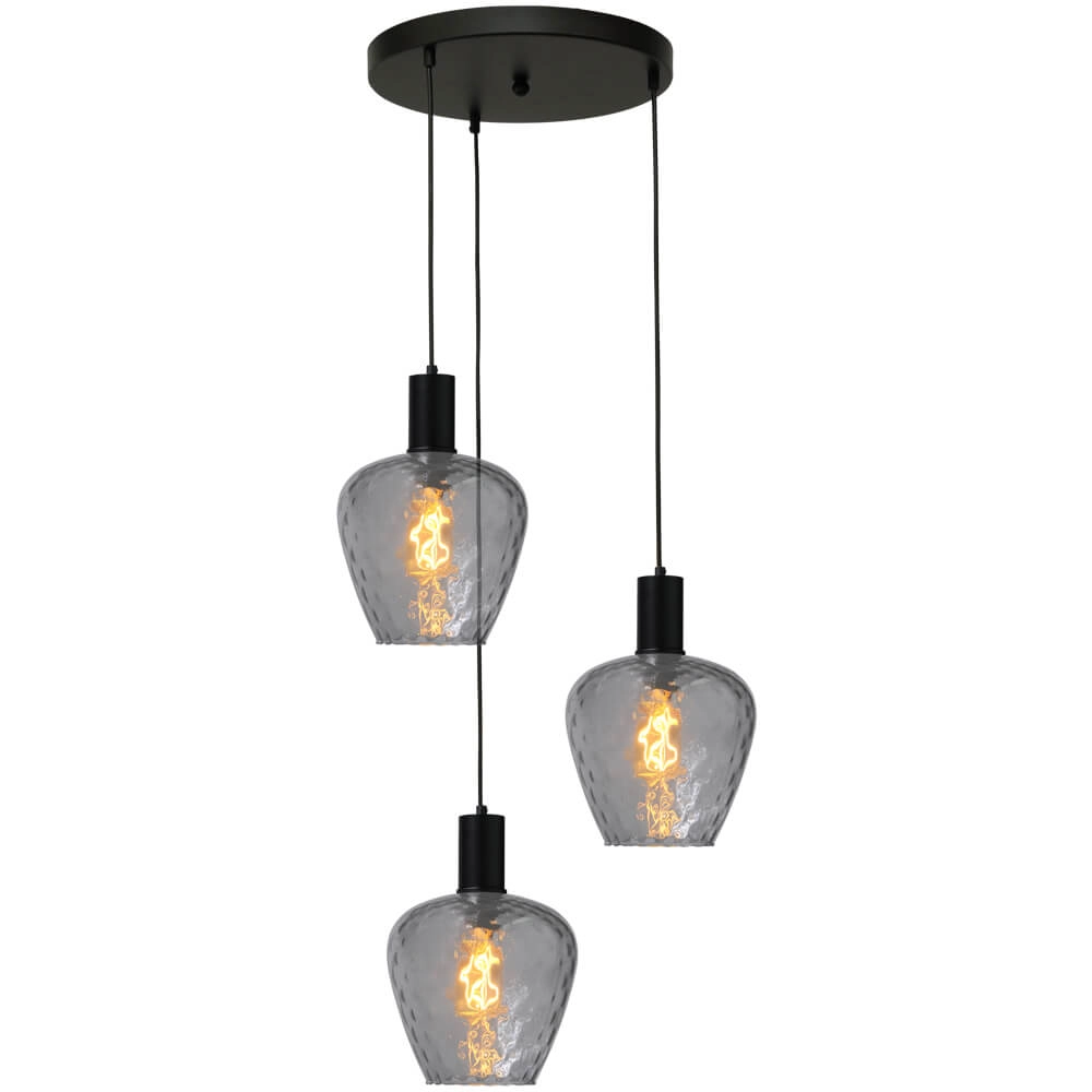 3-lichts vide hanglamp - zwart - Porto met Diamond smoke glazen 3-lichts vide hanglamp - zwart - Porto met Diamond smoke glazen