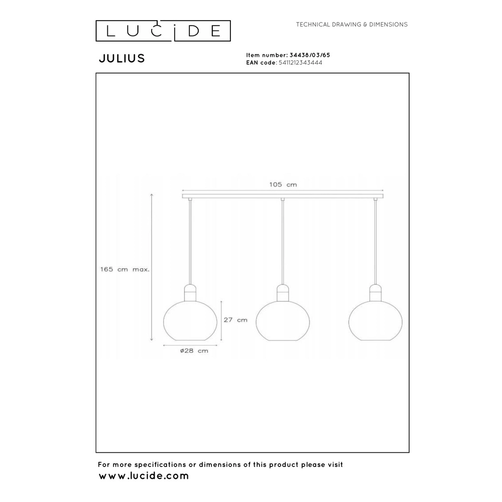 3-lichts hanglamp Julius smoke glas Lucide 5411212343444