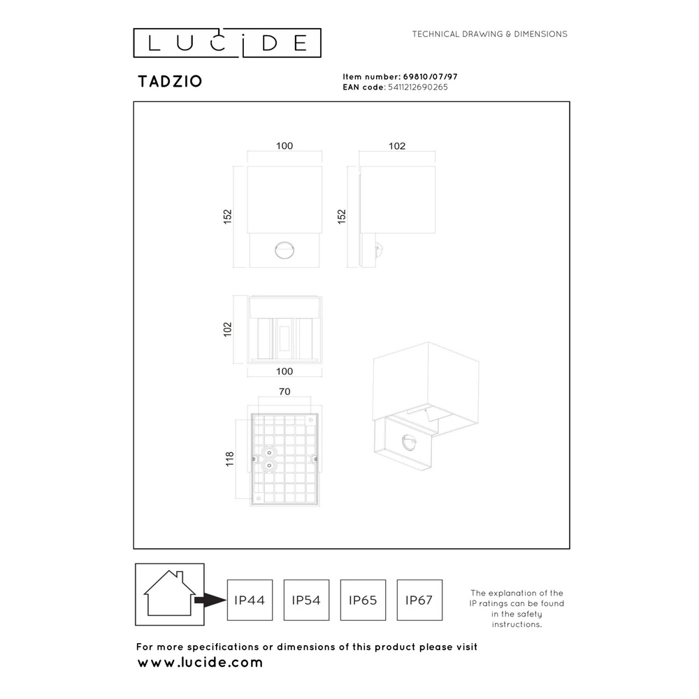 Vierkante wandlamp Tadzio met sensor roestbruin Lucide 5411212690265