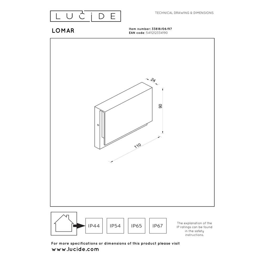 Strakke wandlamp Lomar 6W - 2700K roestbruin Lucide 5411212334190