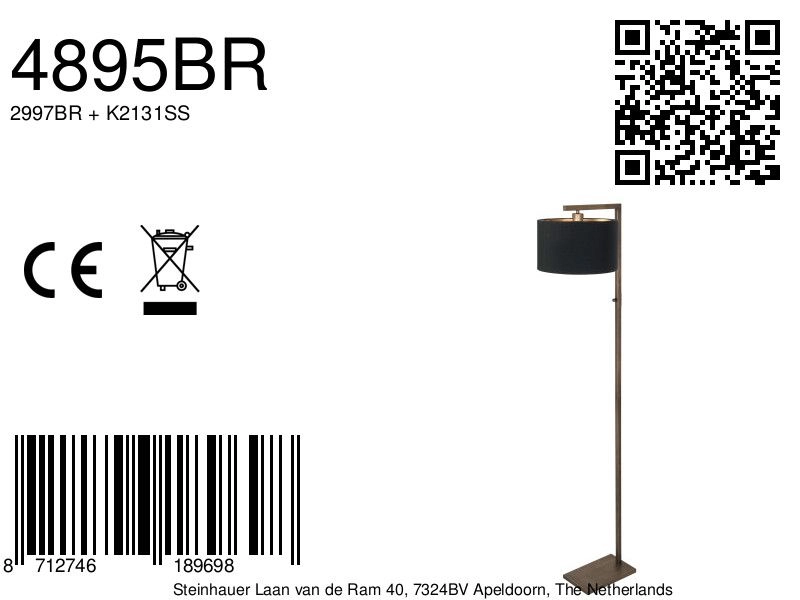 Vloerlamp brons Stang met zwarte kap Steinhauer 8712746189698
