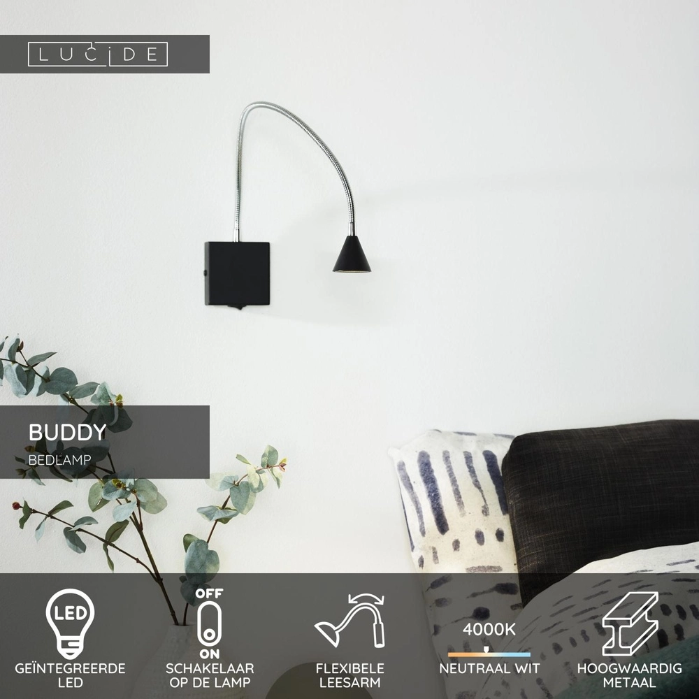 Bed leeslampje Buddy 4000K zwart Lucide 5411212185532