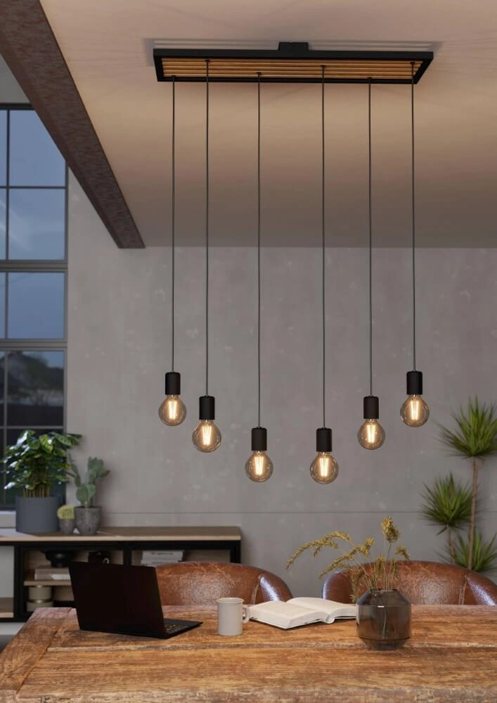 6-lichts hanglamp Consett zwart met hout Eglo 9002759437251