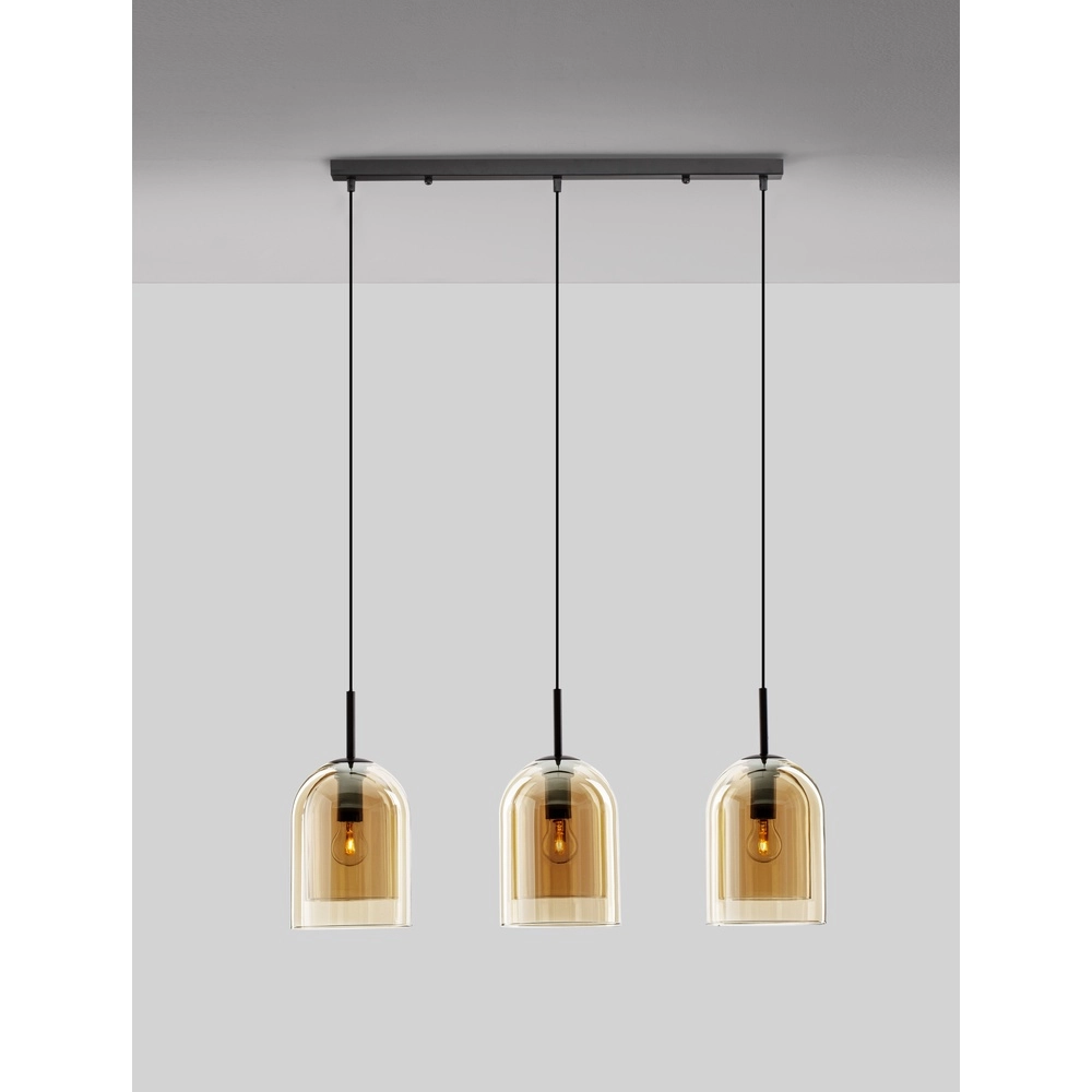 Hanglamp Velor 3-lichts zwart met amber glas recht
