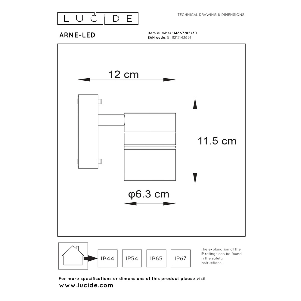 Wandspot Arne-Led down zwart Lucide 5411212143891