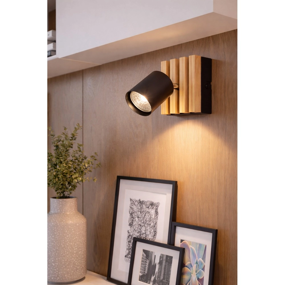 Moderne spot Cembrano enkel zwart met hout Eglo 9008606389049