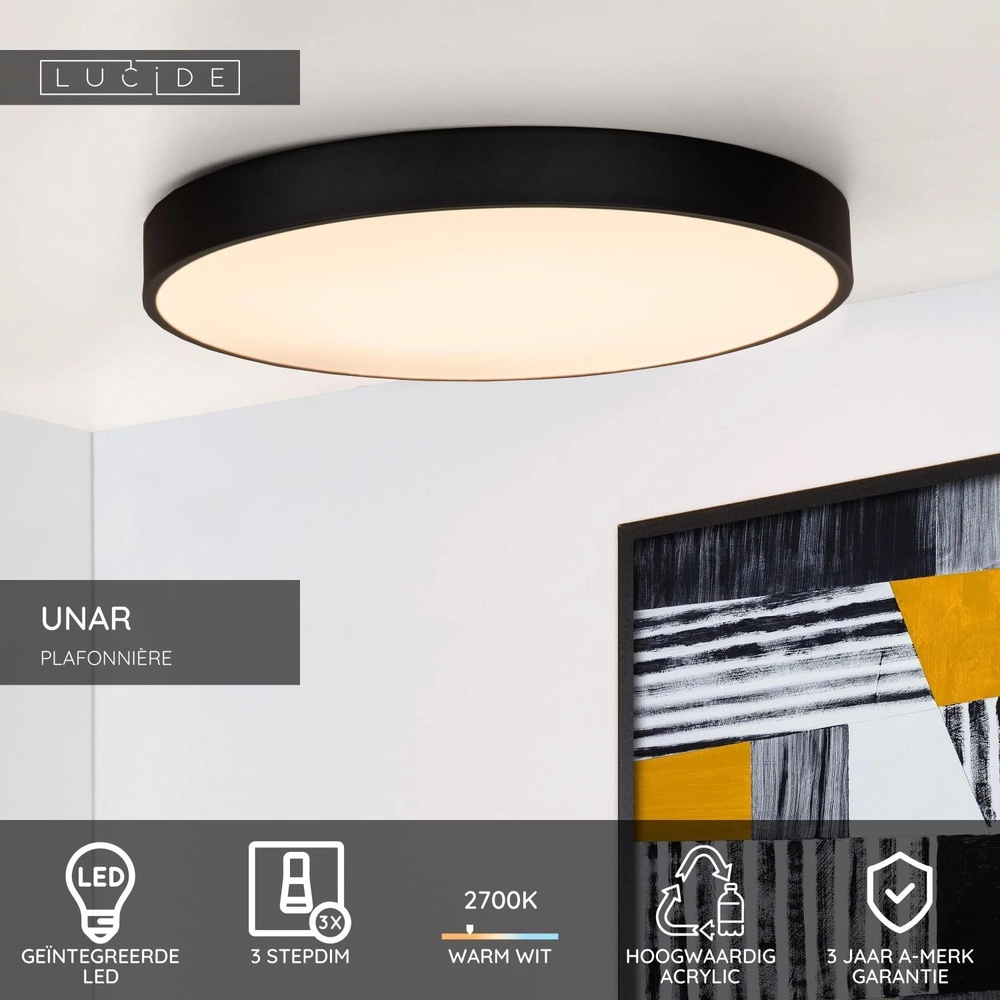 Plafonniere Unar Ø 49,5cm - 2700K - zwart Lucide 5411212791917
