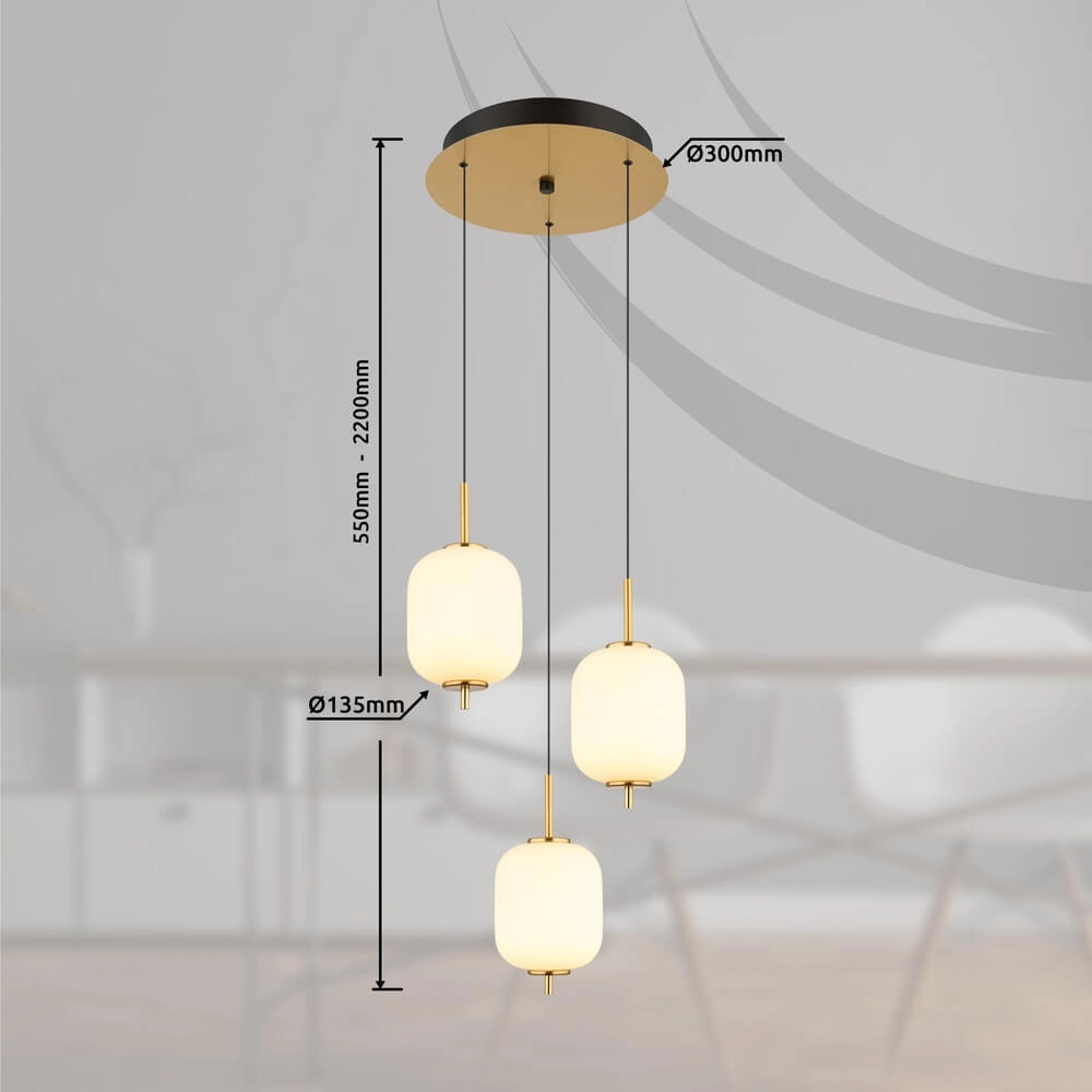 Gouden hanglamp Ewald 3-lichts Ø 37,5cm wit glas Globo 9007371446582