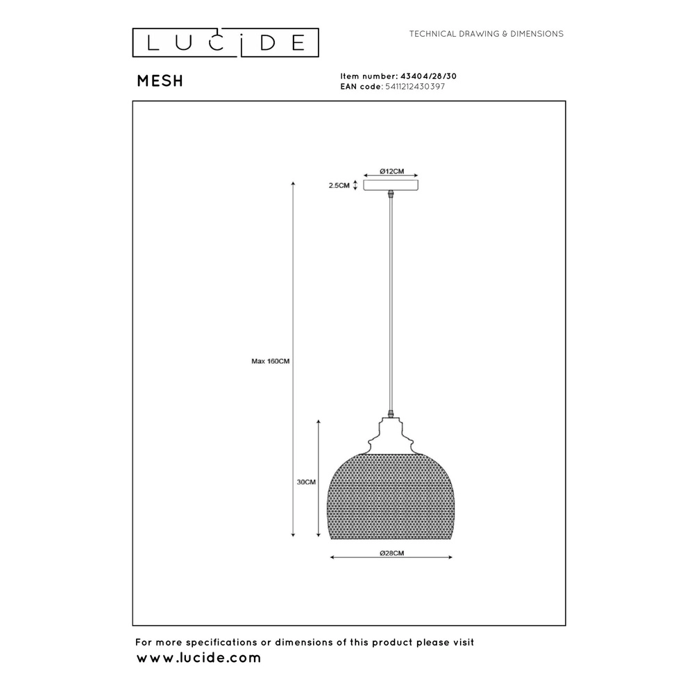 Gaas hanglamp Mesh Ø 28cm zwart Lucide 5411212430397