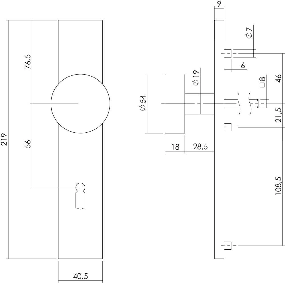 Deurknop recht Kurano sleutelgat 56mm RVS Intersteel 8714186349458